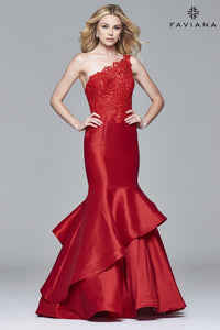 Faviana 7970 One Shoulder Lace Taffeta Gown | Red