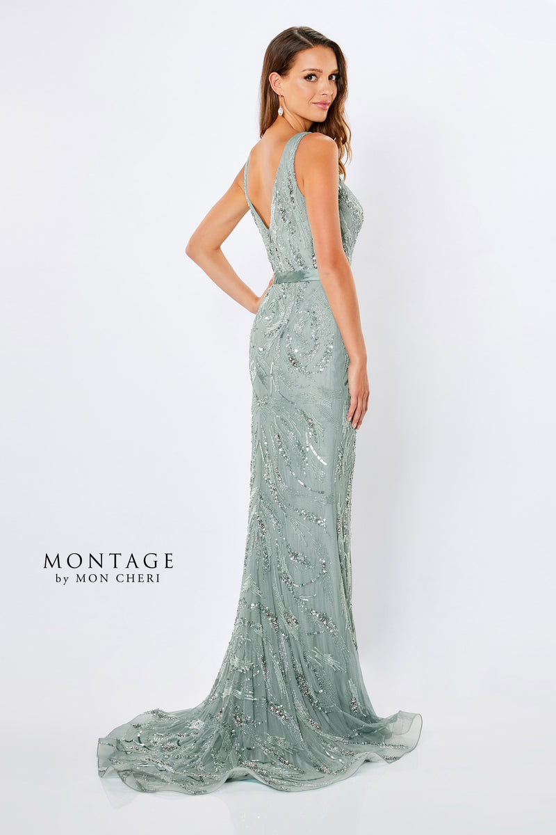 Montage 221965 Scoop Neck Fit & Flare Sequin Gown With Belt