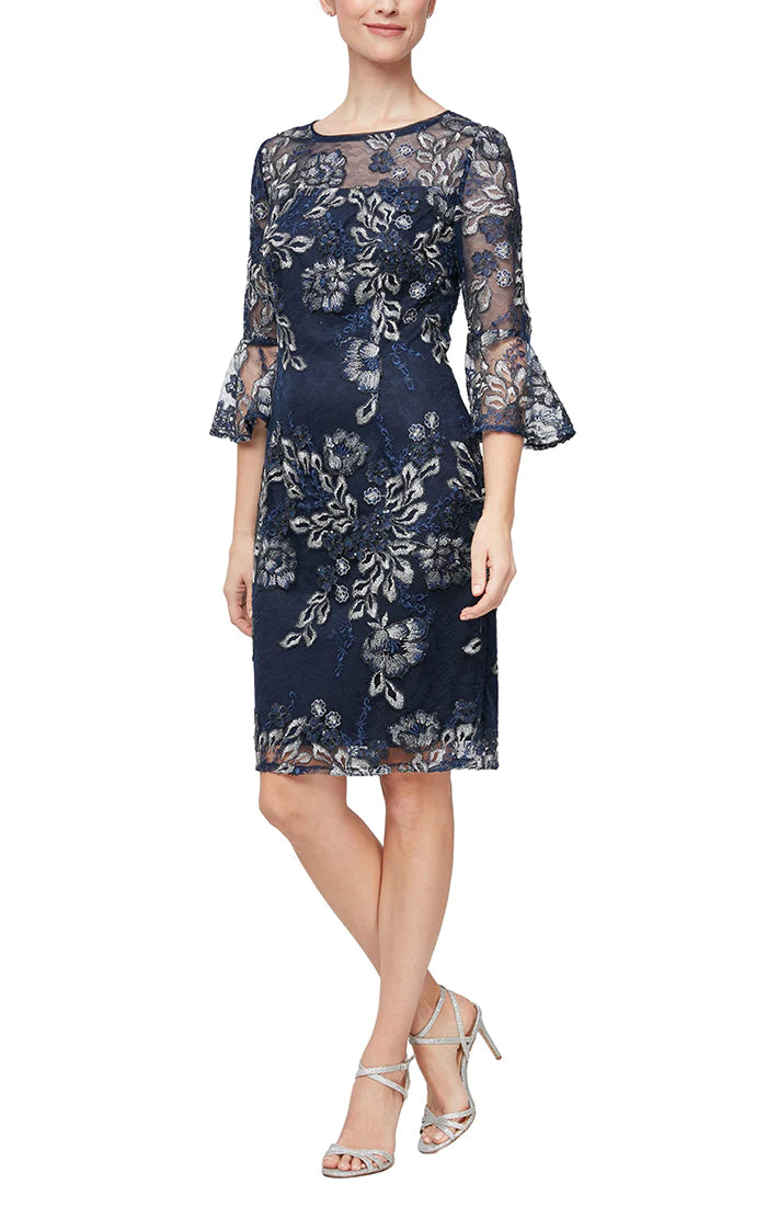 Embroidered Sheath With Bell Sleeve | Navy/Sliver