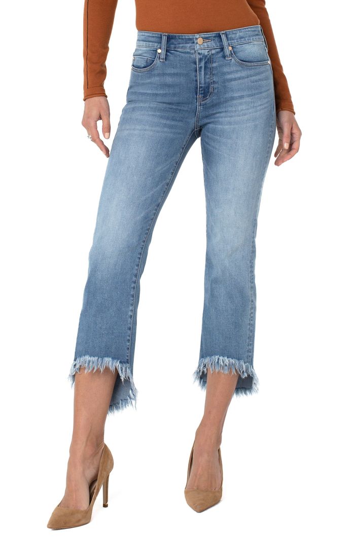 Liverpool Crop Flare High-Low Fray Hem in "Skyview" Wash