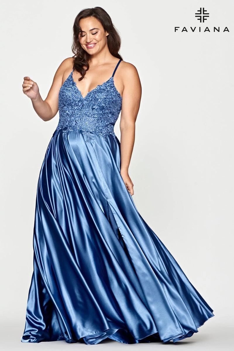 Faviana 9498 Charmouse V Neck Applique Lace Up Gown | Steel Blue, Dark Green