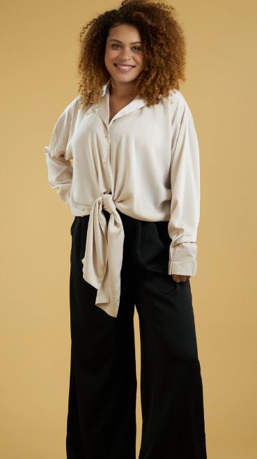 Button Down Tie Front Long Sleeve Shirt | Cream