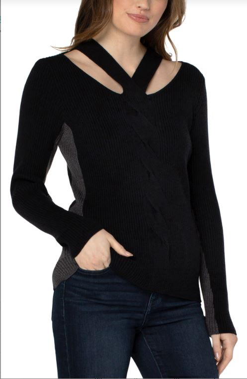 long sleeve cable twist neck wrap sweater | charcoal