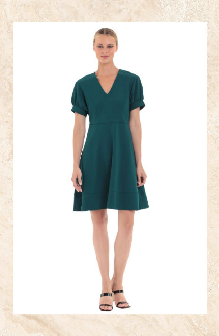 Donna Morgan V-Neck Dress With Puff Sleeve | Emerald