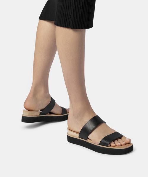 Parni Two Strap Embossed Leather Sandal | Black Leather