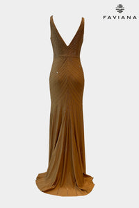 Faviana 10895 V Neck Hot Stone Dress | Gold, Black