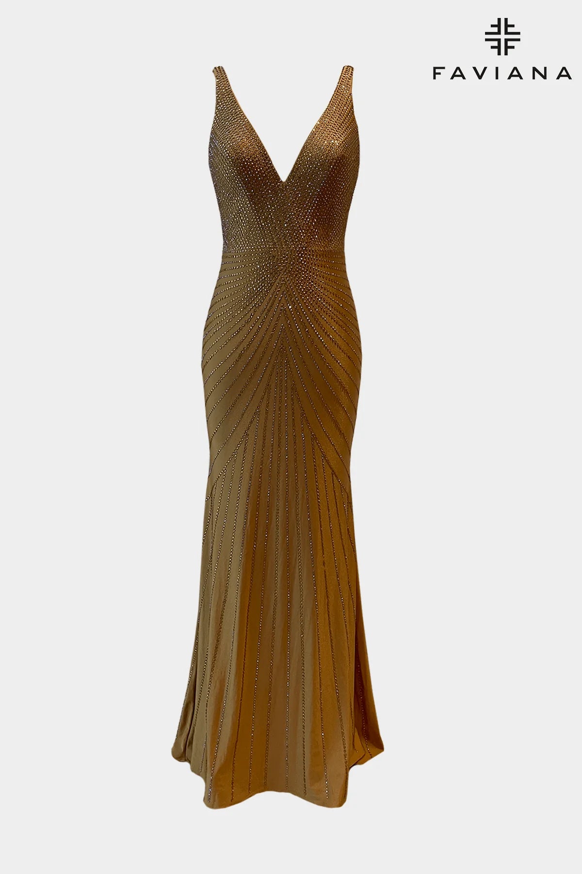 Faviana 10895 V Neck Hot Stone Dress | Gold, Black