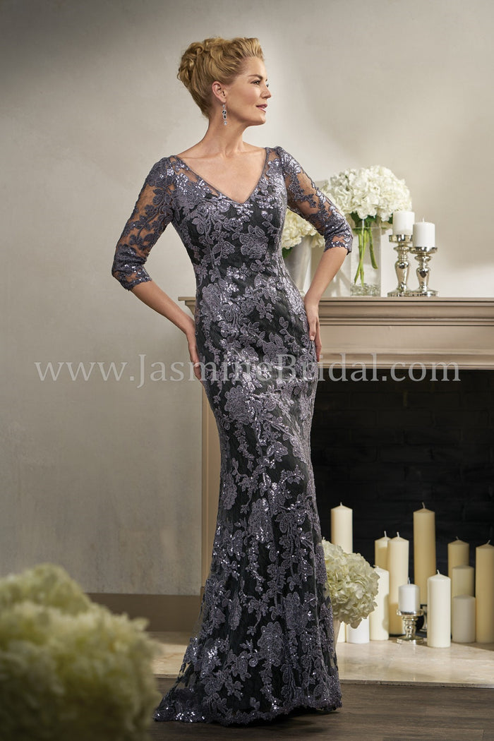 Jade Couture K198006 3/4 Sleeve V-Neck Beaded Lace