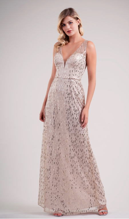 V-Neckline Striped Sequin A-Line Gown  | Available Long or Short - Several Colors - Sizes 00-34 | In Store ONLY