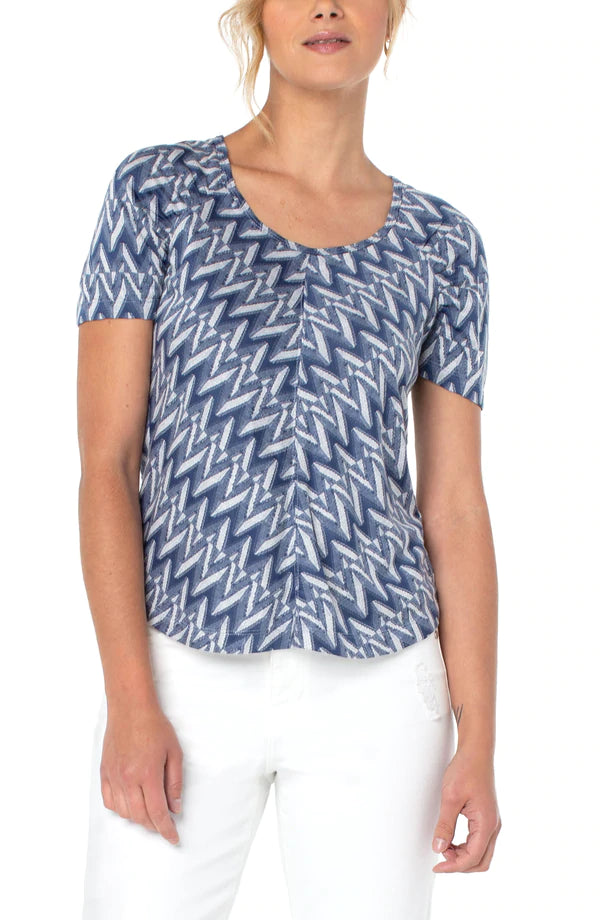Shirred Short Sleeve Knit Tee | Blue/ White Chevron