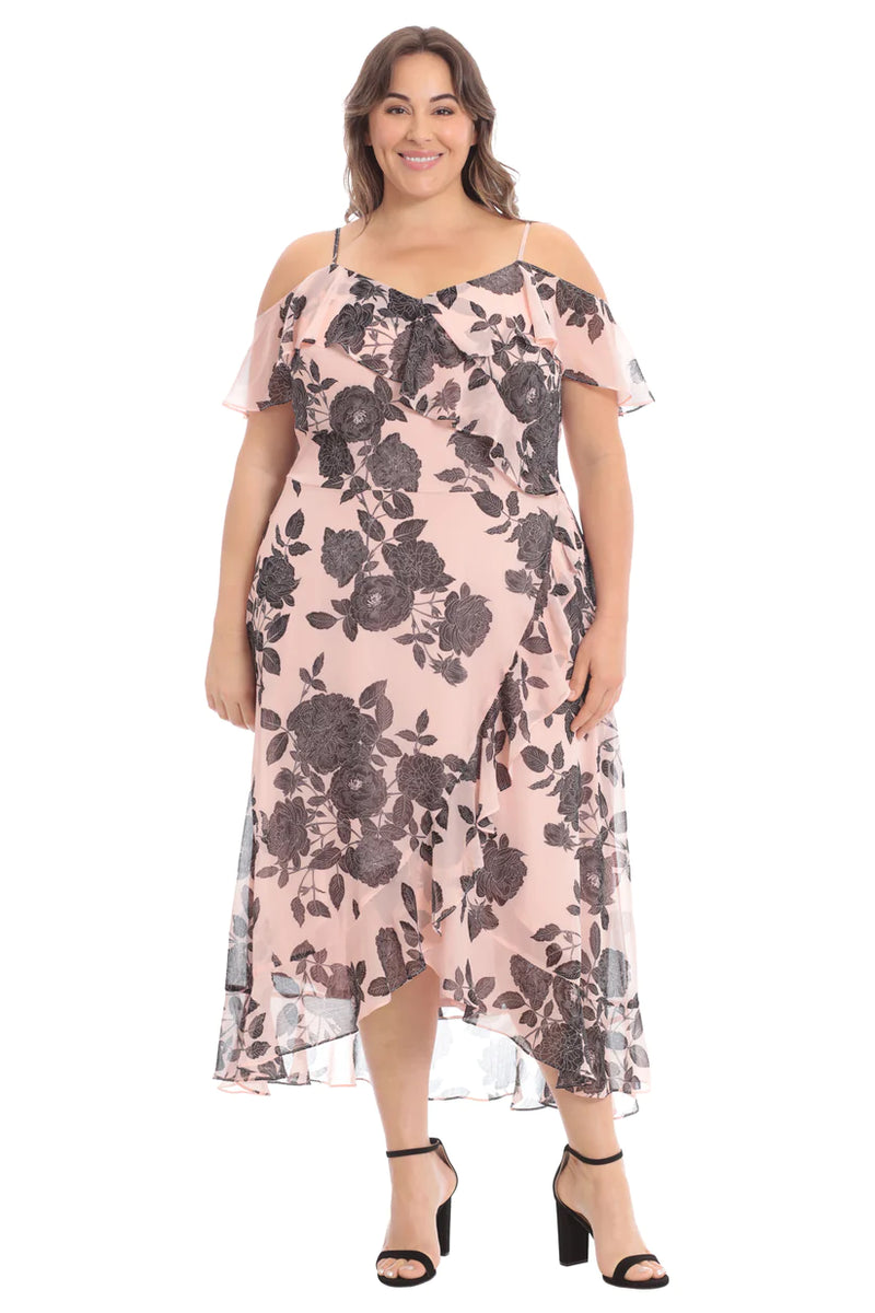 Cold Shoulder Floral Midi Dress | Blush/Black