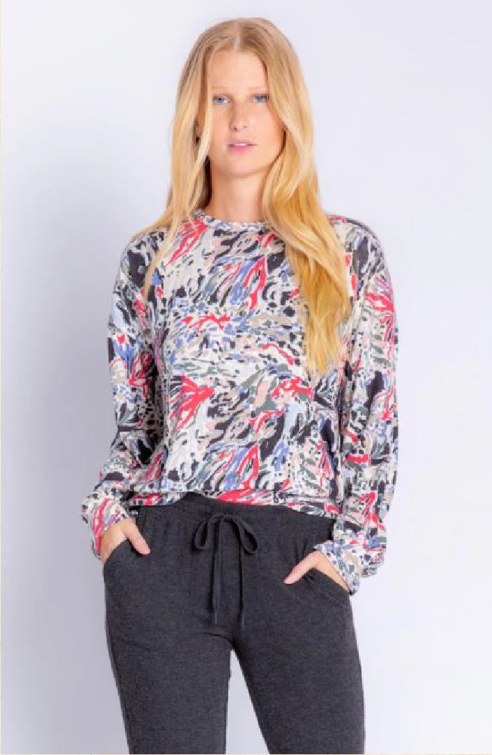 PJ Salvage Abstract Multi Color Long Sleeve Knit Top