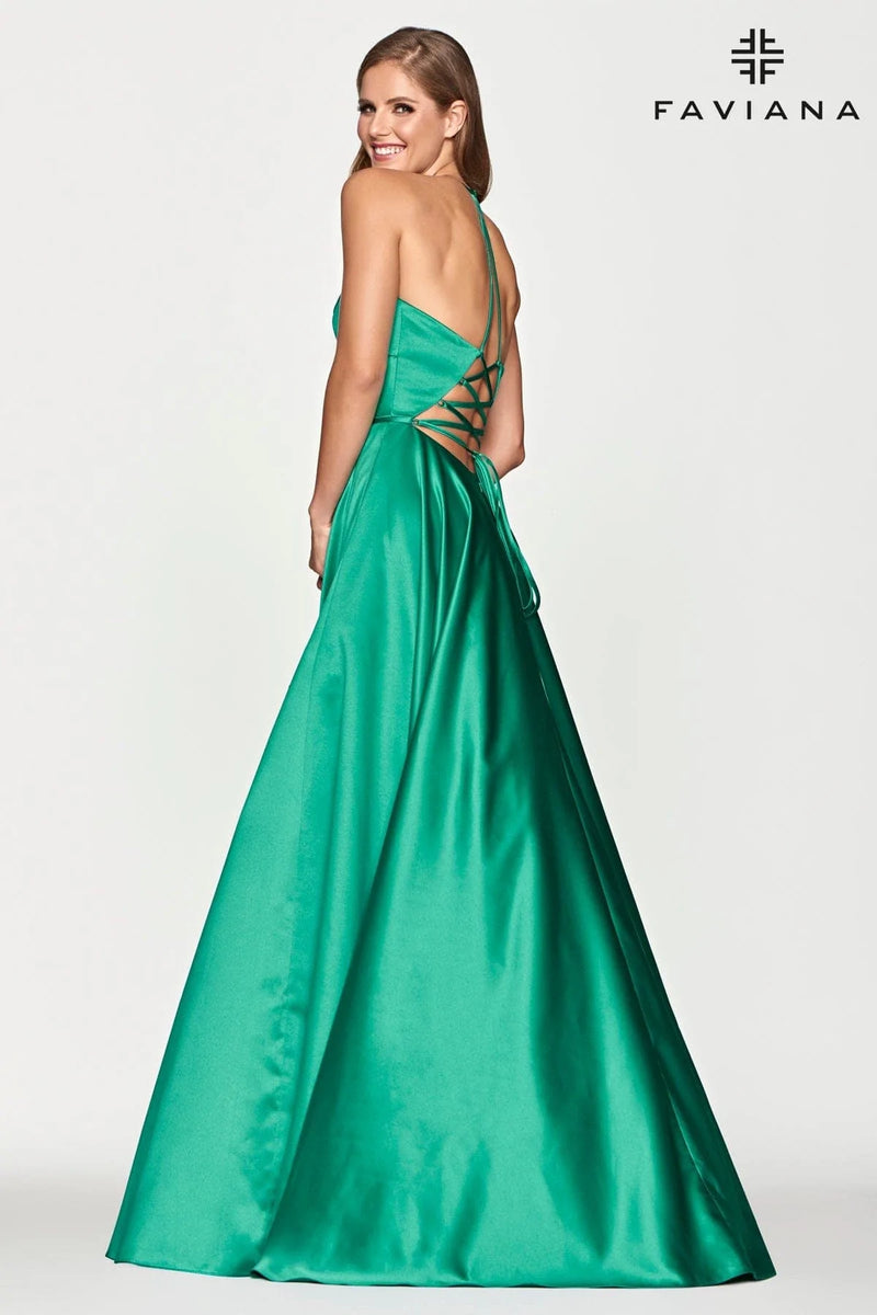 Faviana 10252 V Neck Satin Lace Up Back Empire Gown