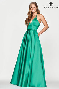 Faviana 10252 V Neck Satin Lace Up Back Empire Gown
