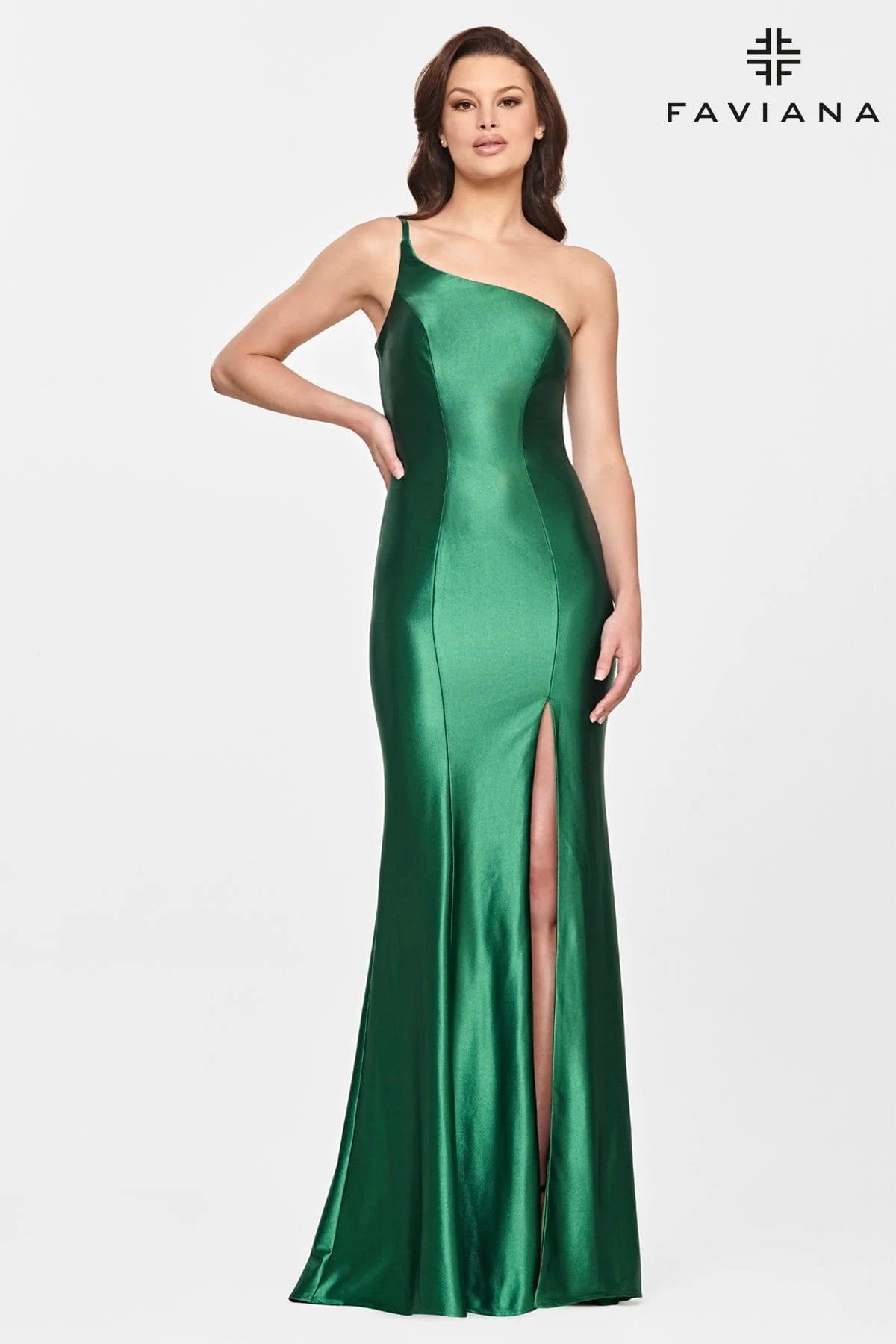 Faviana 10811 Satin One Shoulder Strap Gown | Dark Emerald