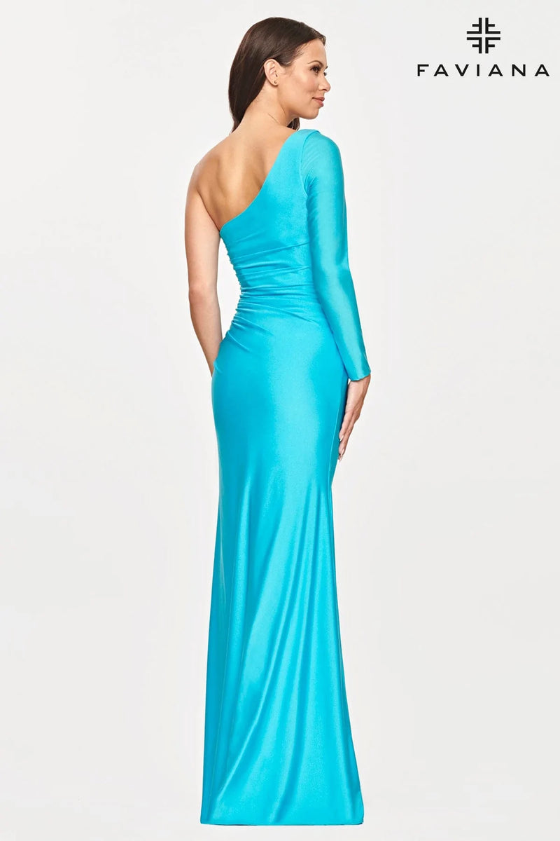 Faviana S10827 1 Sleeve Dress | Sky Blue, Dark Emerald