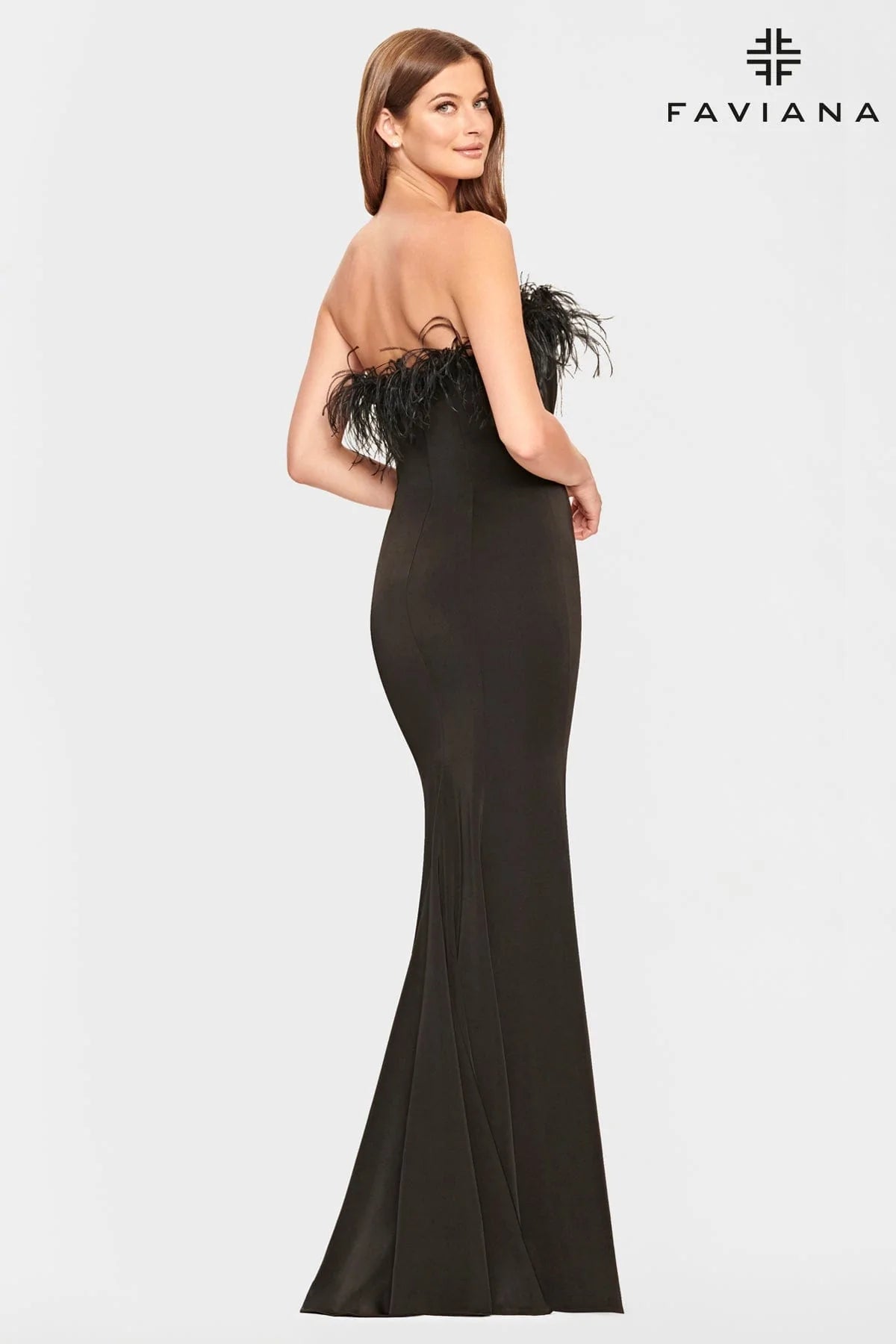 Faviana 10851 Strapless Feather Gown | Black, Ivory