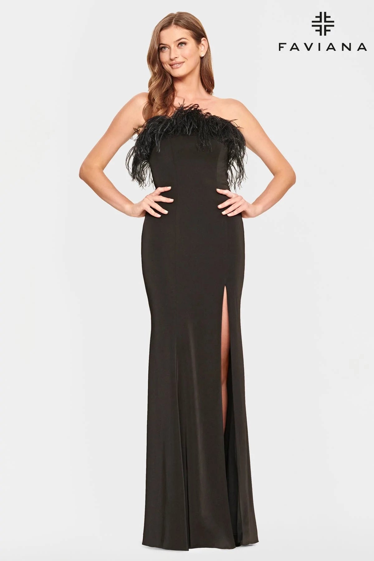 Faviana 10851 Strapless Feather Gown | Black, Ivory