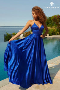 Faviana 10870 Hot Stone Satin Gown | Dark Green, Royal Blue