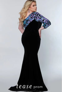 Sydney's Closet Plus Size One Shoulder Multi Color Sequin/Velvet Full Length Dress