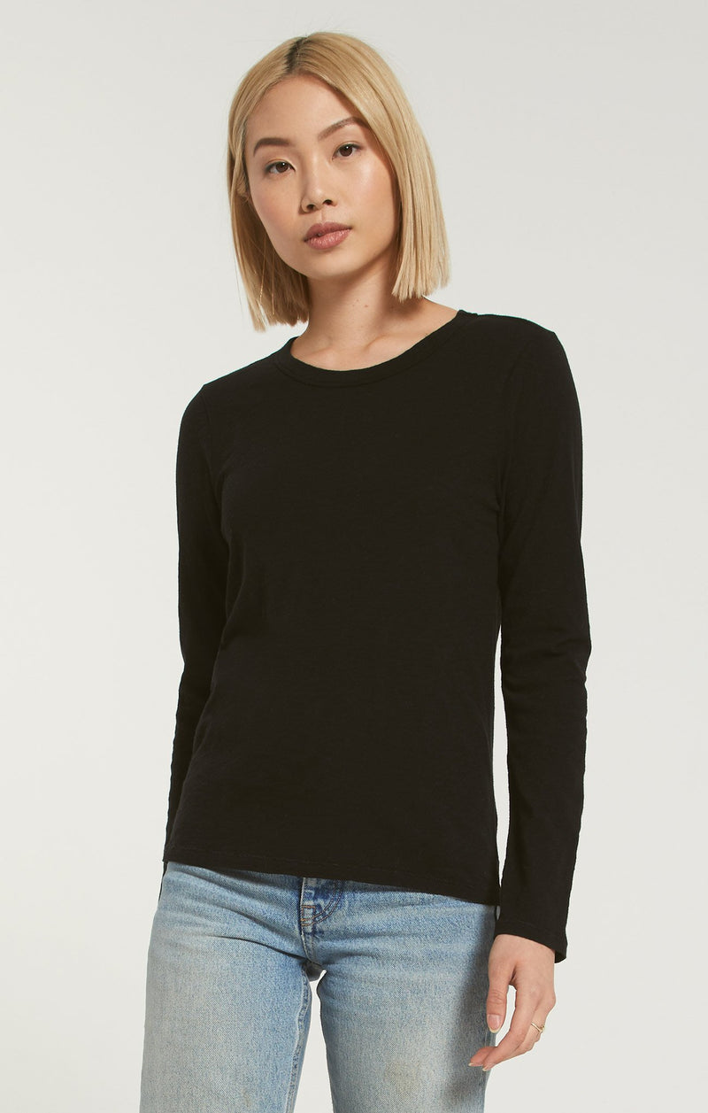 Z Supply Long Sleeve Crew-Neck Cotton Top | Black, White, Taupe