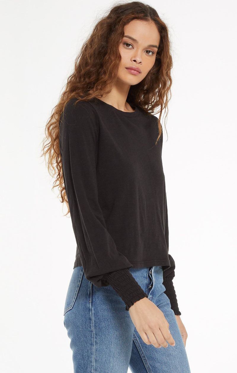 Z Supply "Lyla" Knit Top With Elastic Puff Sleeve Detail | Black, White