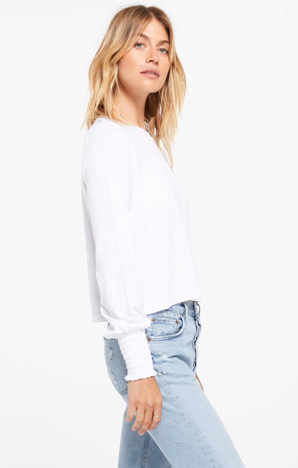 Z Supply "Lyla" Knit Top With Elastic Puff Sleeve Detail | Black, White