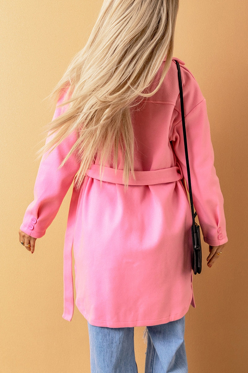 Buttoned Coat With Tie | Pink