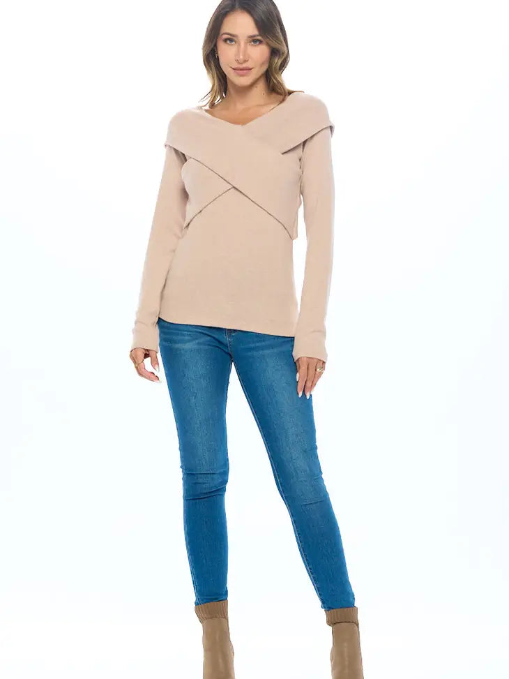 Cashmere Wrap Off the Shoulder Top | Taupe, Dark Cement