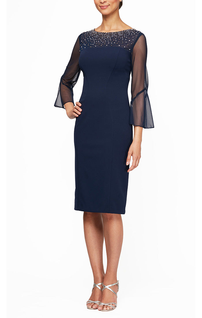Illusion Neckline Bell Sleeve Dress With Metallic Accents | Navy