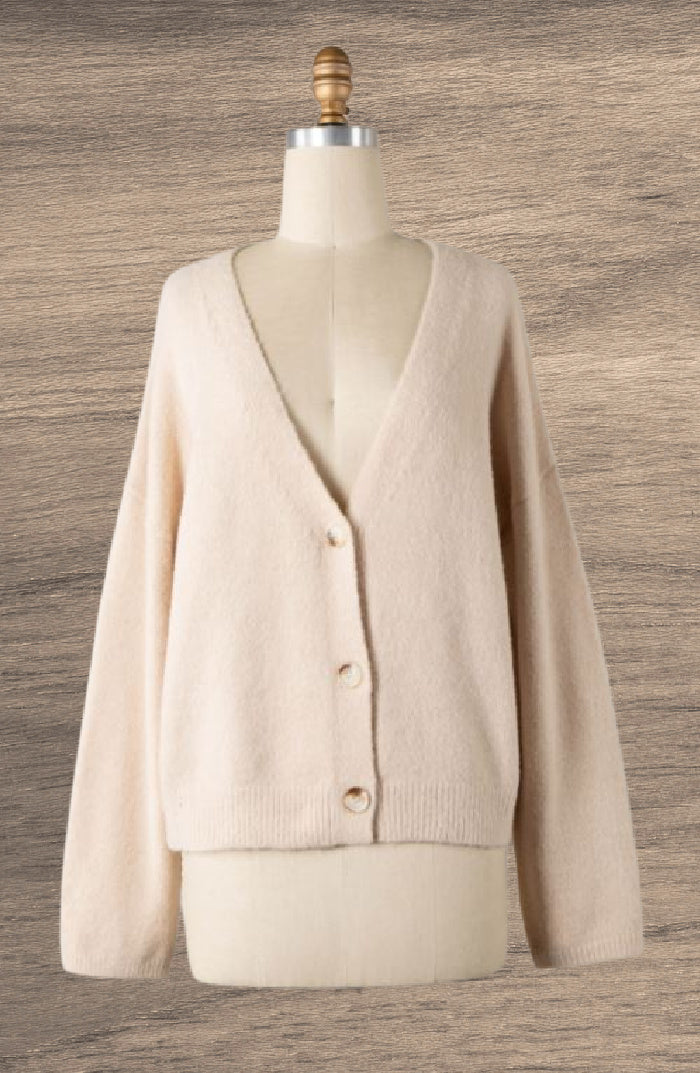 Buttons Front Plush Knit Cardigan | Beige, Heather Ivory