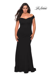La Femme 28963 Off The Shoulder Jersey Fit & Flare Gown | Black, Red