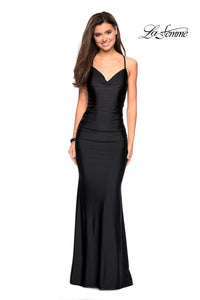 La Femme 27501 V-Neck Draped Fitted Gown With Criss-Cross Back