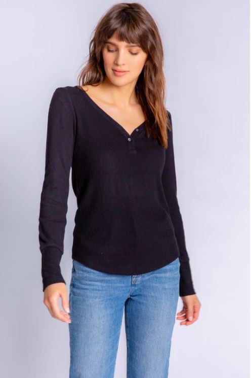 PJ Salvage Essential Buttery Rib Knit Long Sleeve V-Neck | Red, Black