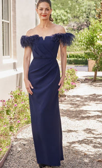 Jasmine 258001 Off The Shoulder Feather Straight Crepe Gown Harriman Clothing Co. Jasmine 258001 Off The Shoulder Feather Straight Crepe Gown Harriman Clothing Co.