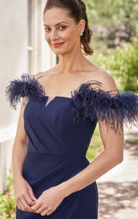 Jasmine 258001 Off The Shoulder Feather Straight Crepe Gown