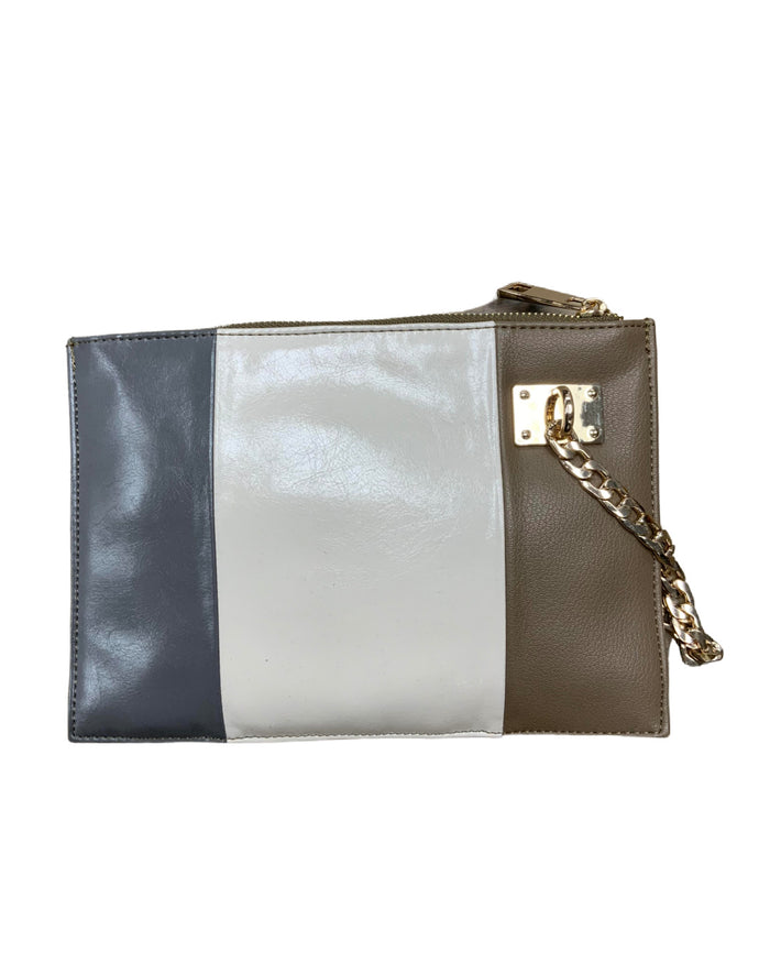 Neutral Toned Color Blocked Wristlet With Chain Detail