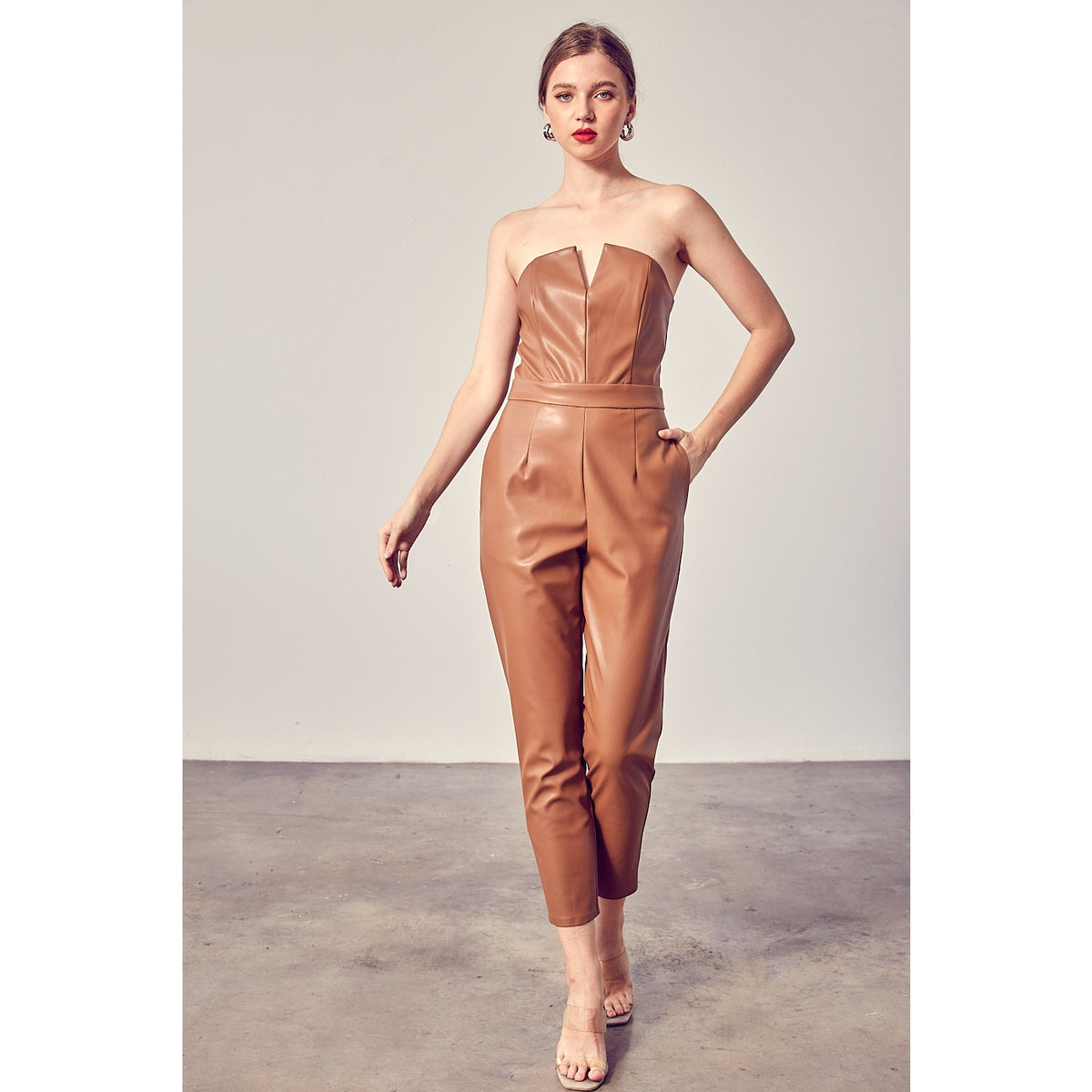 Faux Leather Strapless Jumpsuit In Mocha