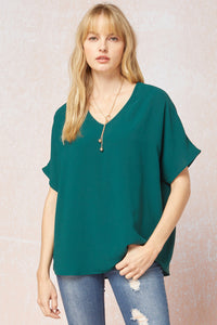 Rolled Sleeve V-Neck Top With Rounded Hemline