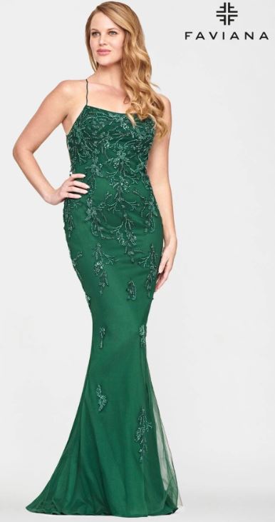 Faviana S10634 Embroidered Tulle SCPNK Gown | Emerald Green, Royal