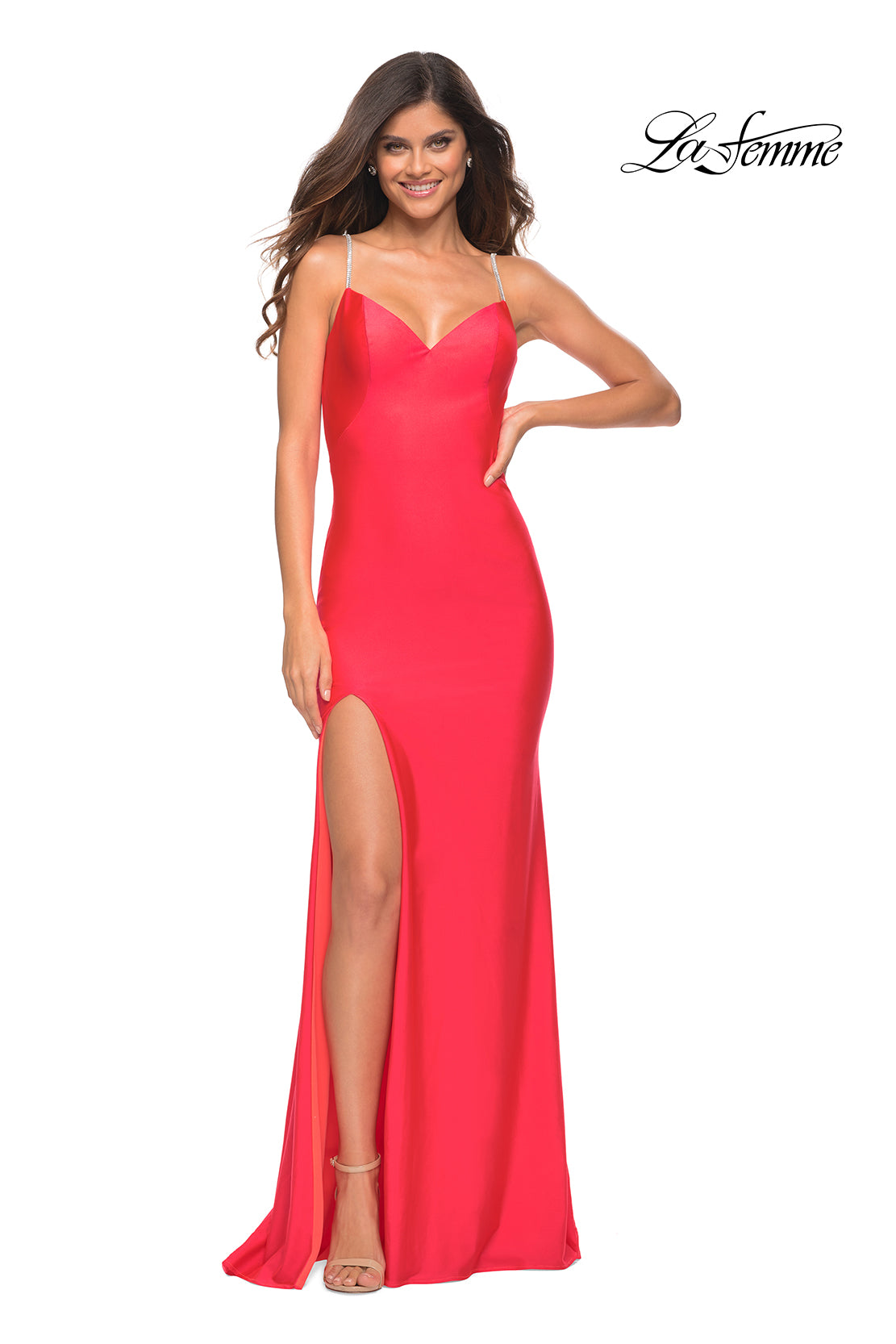 La Femme 30602 Sweetheart Gown with Rhinestone Straps with Leg Slit