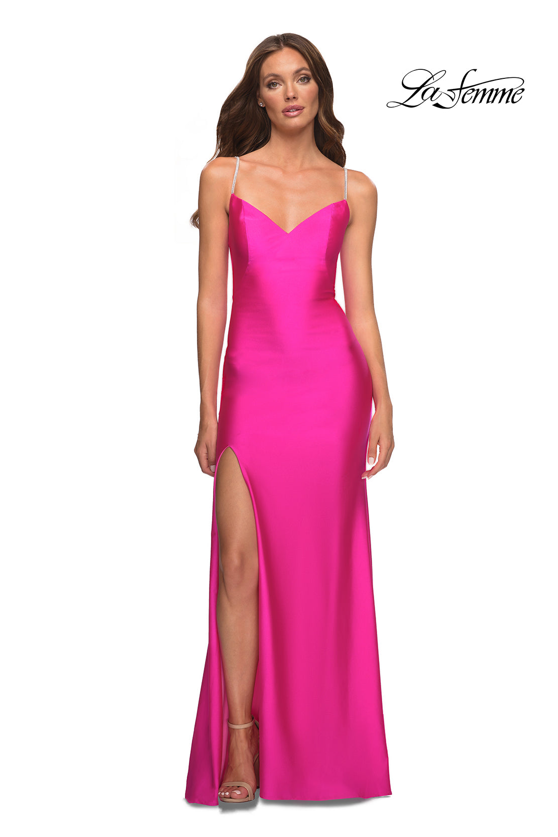 La Femme 30602 Sweetheart Gown with Rhinestone Straps with Leg Slit