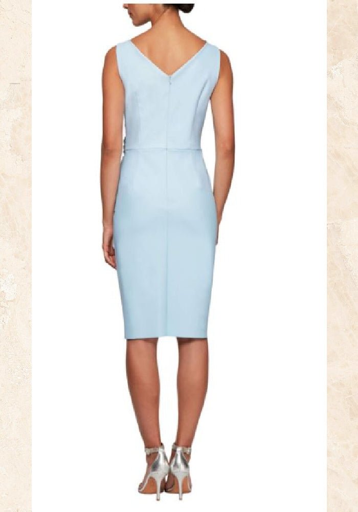 Faux Wrap Style Scuba Cocktail Dress With Rouched Side Detail And Embellishment | Light Blue