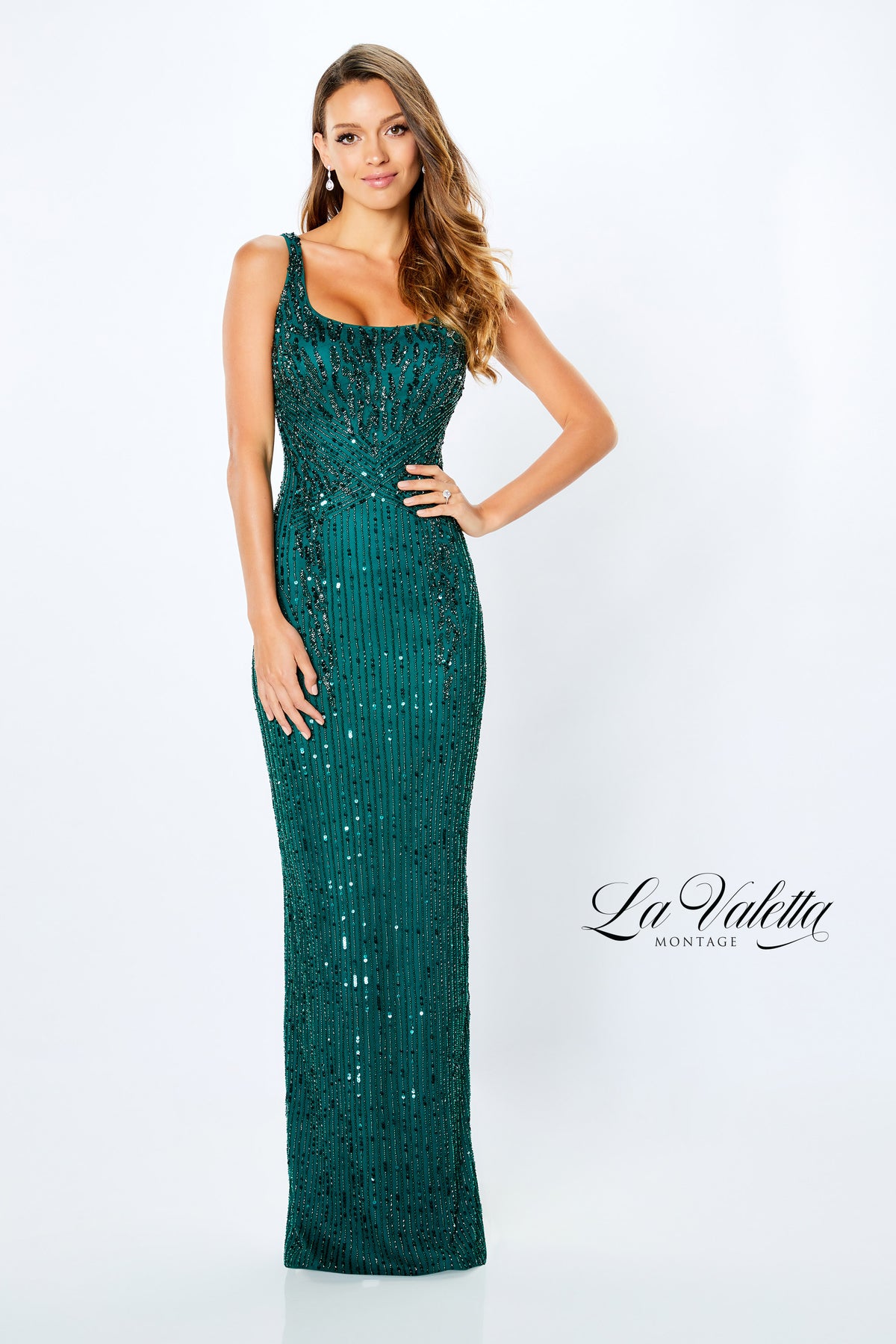 La Valetta LV22106 Beaded Scoop Neck Gown | Emerald, Lead, Mocha
