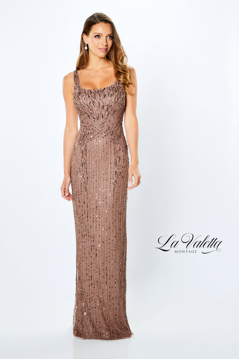 La Valetta LV22106 Beaded Scoop Neck Gown | Emerald, Lead, Mocha