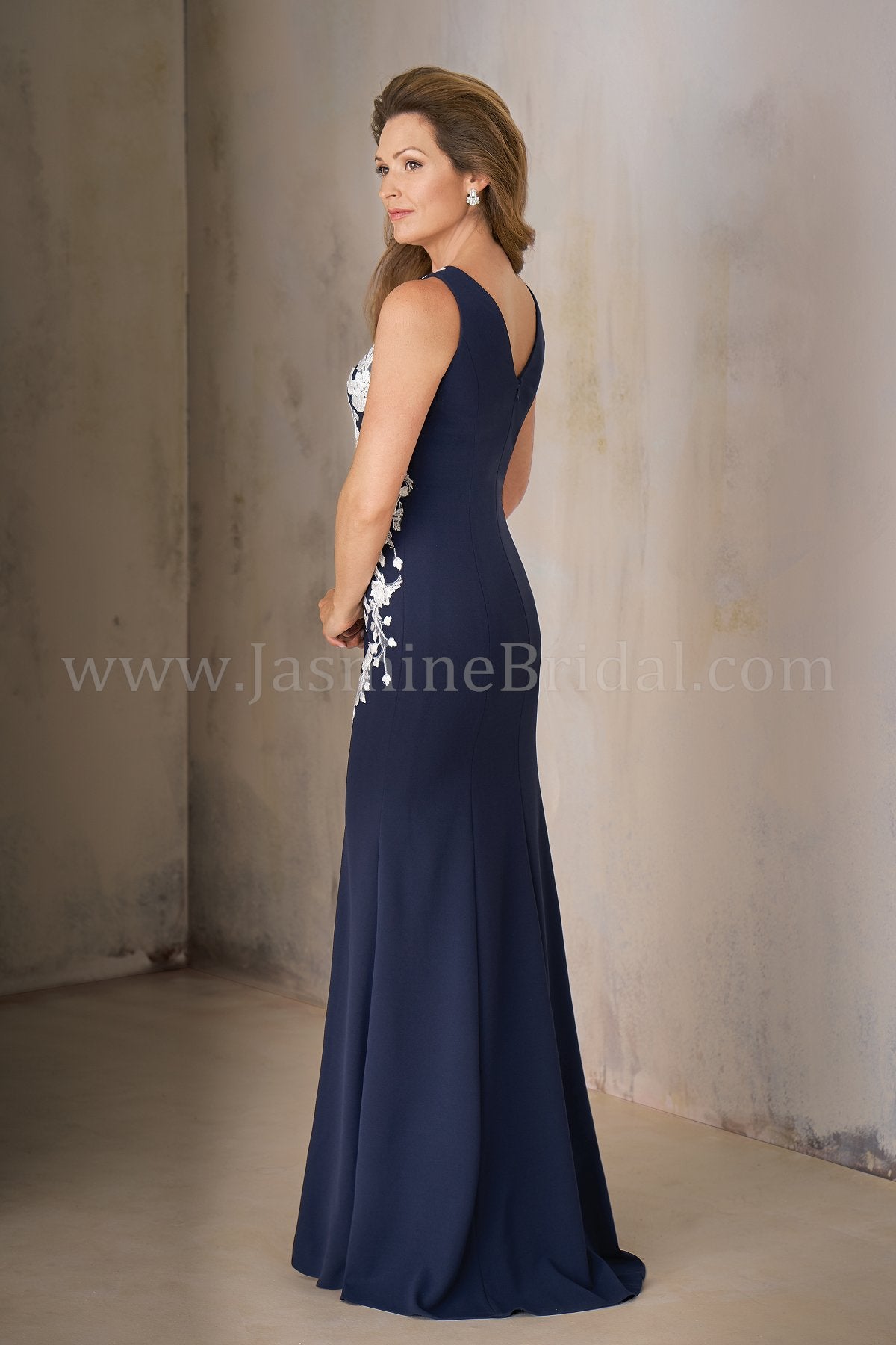 Jasmine K208002 Long Jewel Neckline Stretch Crepe w/ Lace MOB Dress with Shawl
