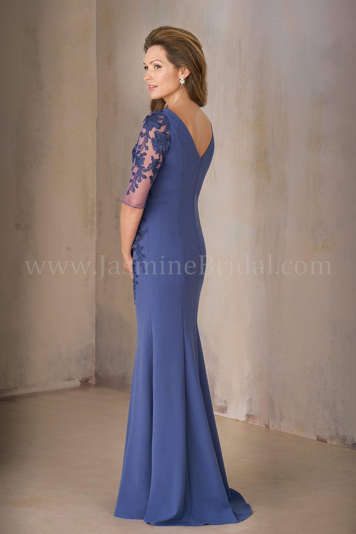Jasmine K208002U Long Jewel Neckline Stretch Crepe w/ Lace MOB Dress with Sleeves