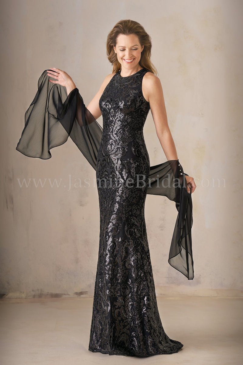 Jasmine K208007 Long Jewel Neckline Metallic Embroidery Lace MOB Dress with Shawl