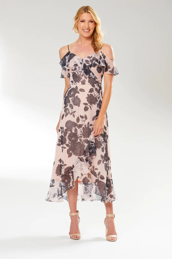 Cold Shoulder Floral Midi Dress | Blush/Black