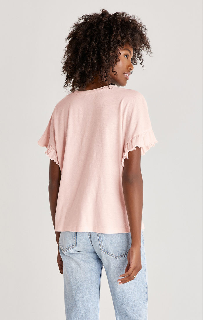 Avery Slub Ruffle Sleeve Top | White, Pink Sky